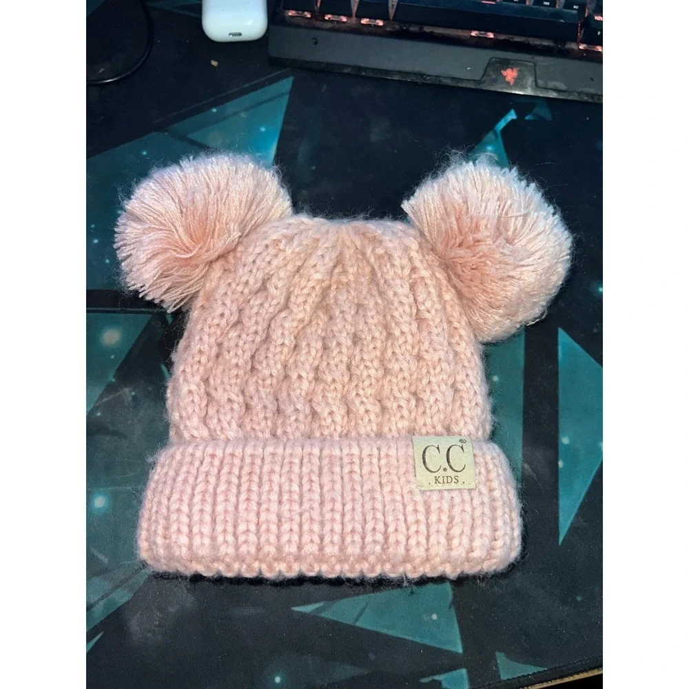 CC Kids Double Pom Pom Beanie Pink Cable Knit Winter Hat Ribbed Cuff Peach